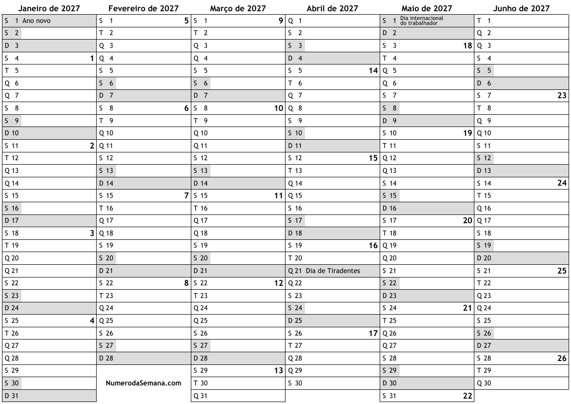 Calendário 2027 com feriados e números da semana … almanaques, online ...