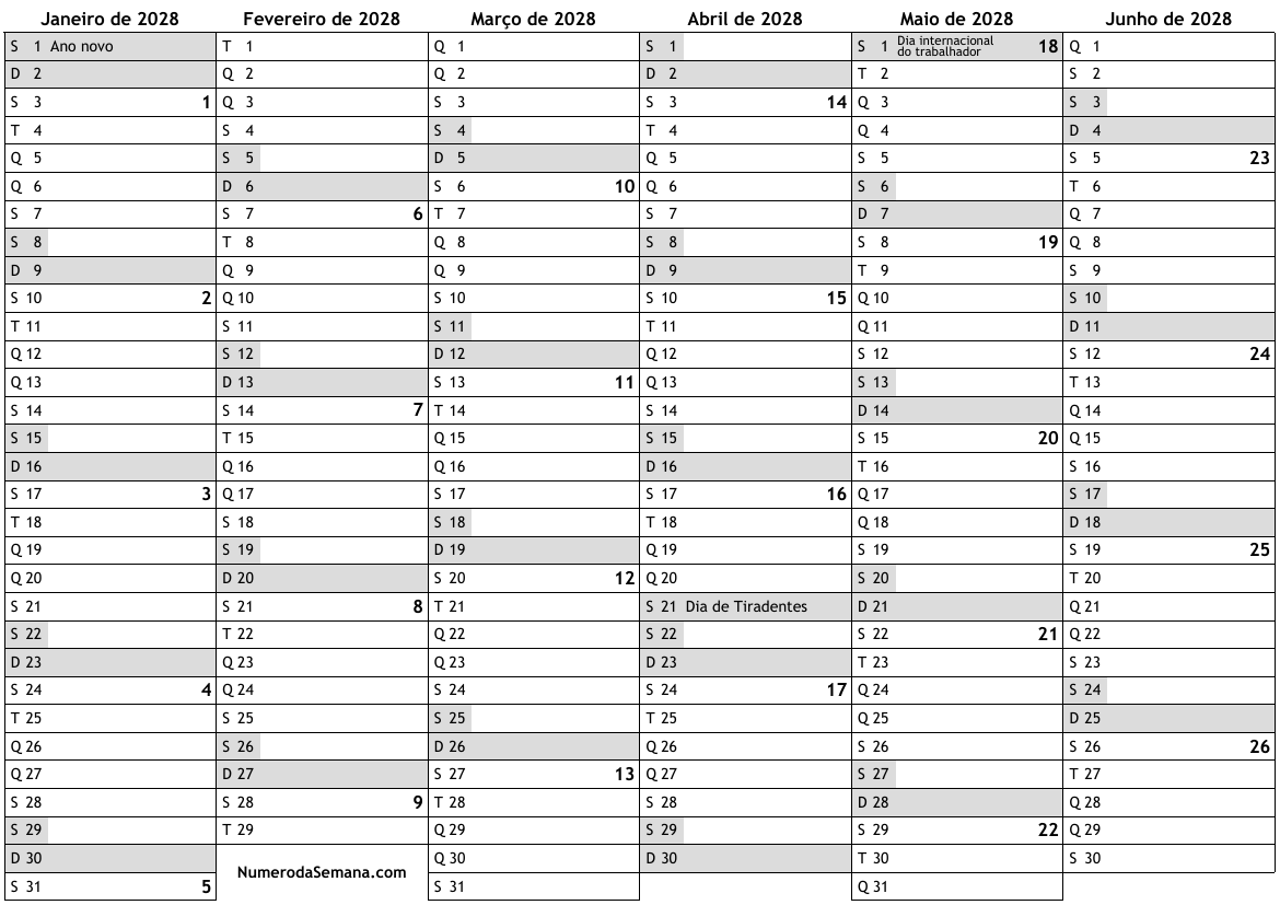 Calendário 2028 com feriados e números da semana … almanaques, online ...
