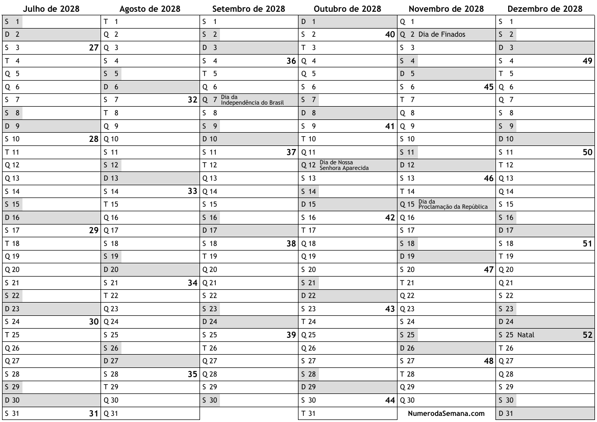 Calendario 2028, segundo semestre