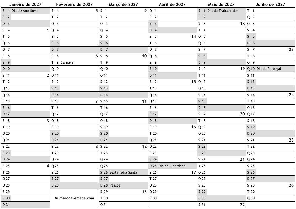 Calendário 2027 com feriados e números da semana … almanaques, online ...