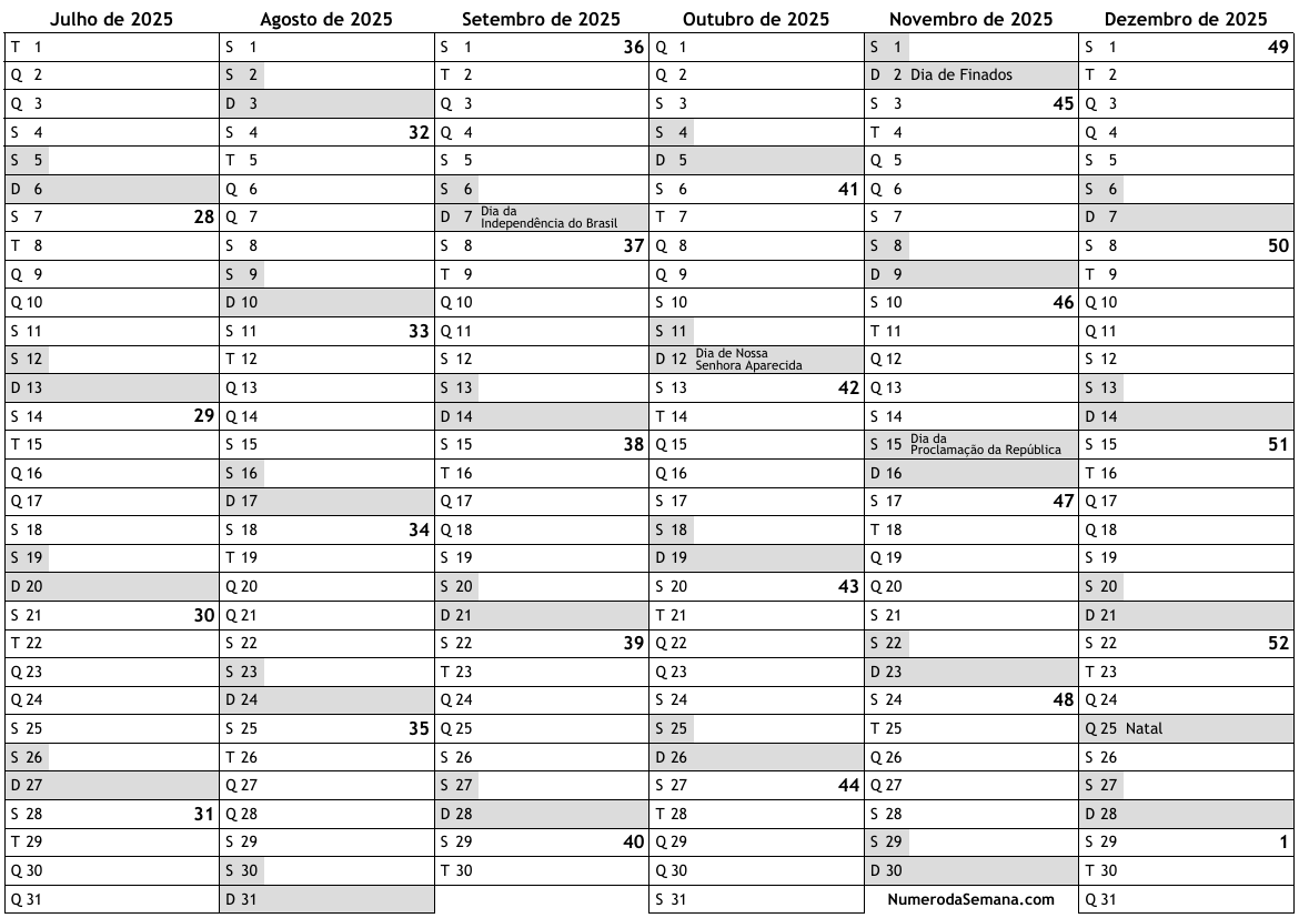 Calendario 2025, segundo semestre