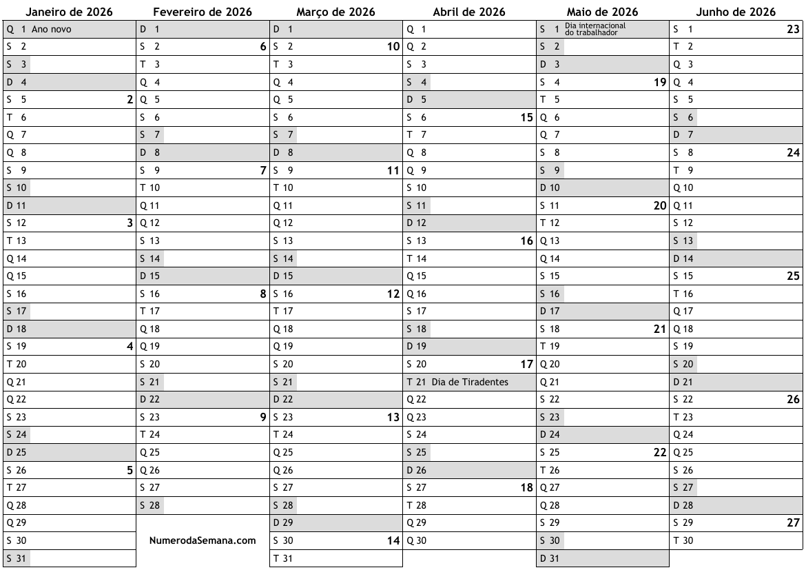 Calendário 2026 com feriados e números da semana … almanaques, online