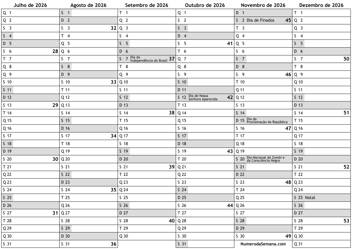 Calendario 2026, segundo semestre