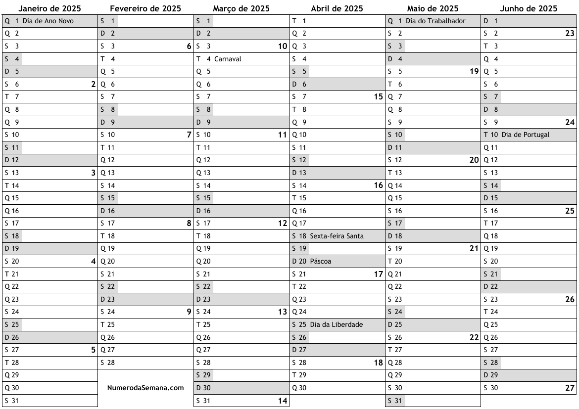 Calendário 2025 com feriados e números da semana … almanaques, online calendário anual para